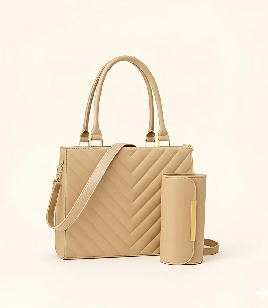Quilted Tote 2pcs Premium Set – Beige