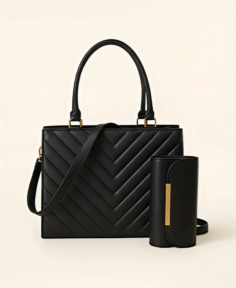 Quilted Tote 2pcs Premium Set – Black